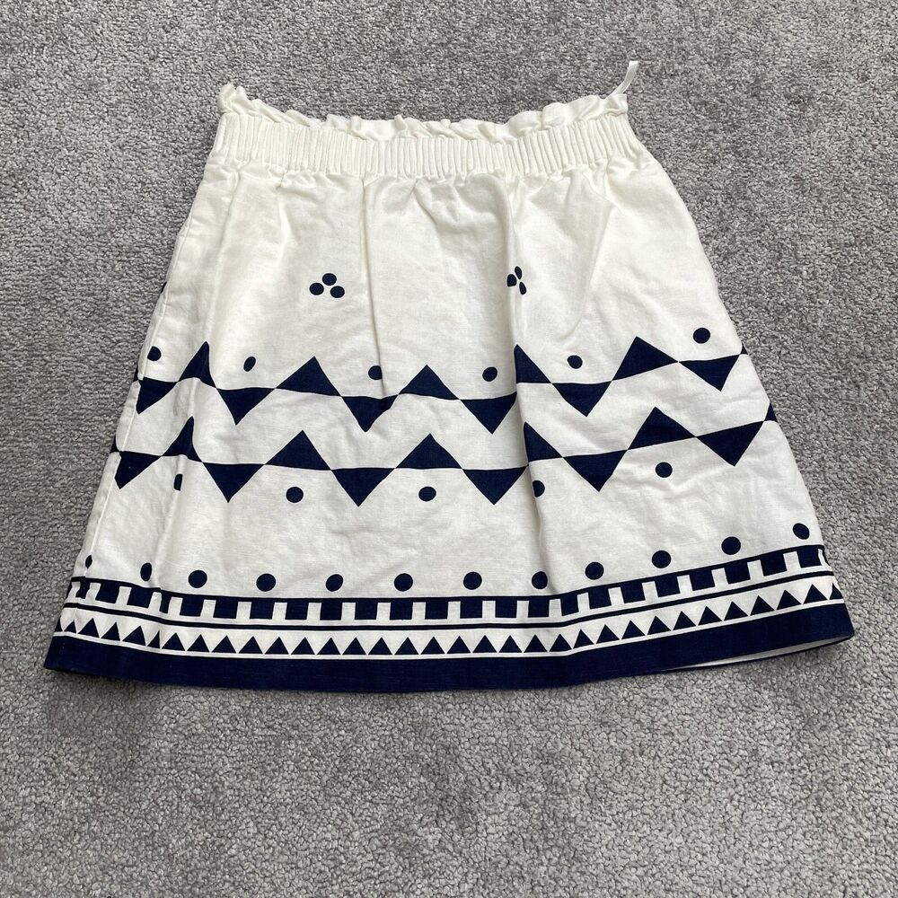 J.Crew Linen Blend Sidewalk A-Line Skirt Womens 0 White Blue Geometric Casual